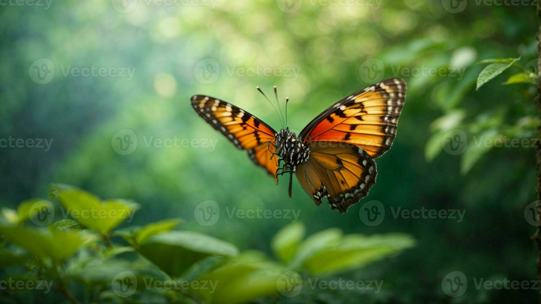 natuur achtergrond met een mooi vliegend vlinder met groen Woud ai generatief foto