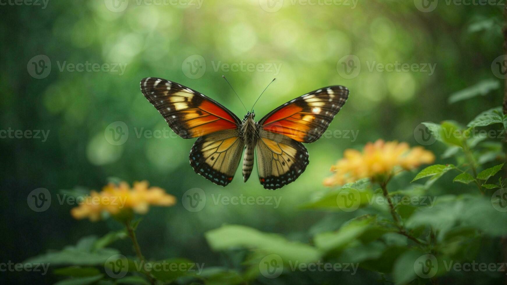 natuur achtergrond met een mooi vliegend vlinder met groen Woud ai generatief foto