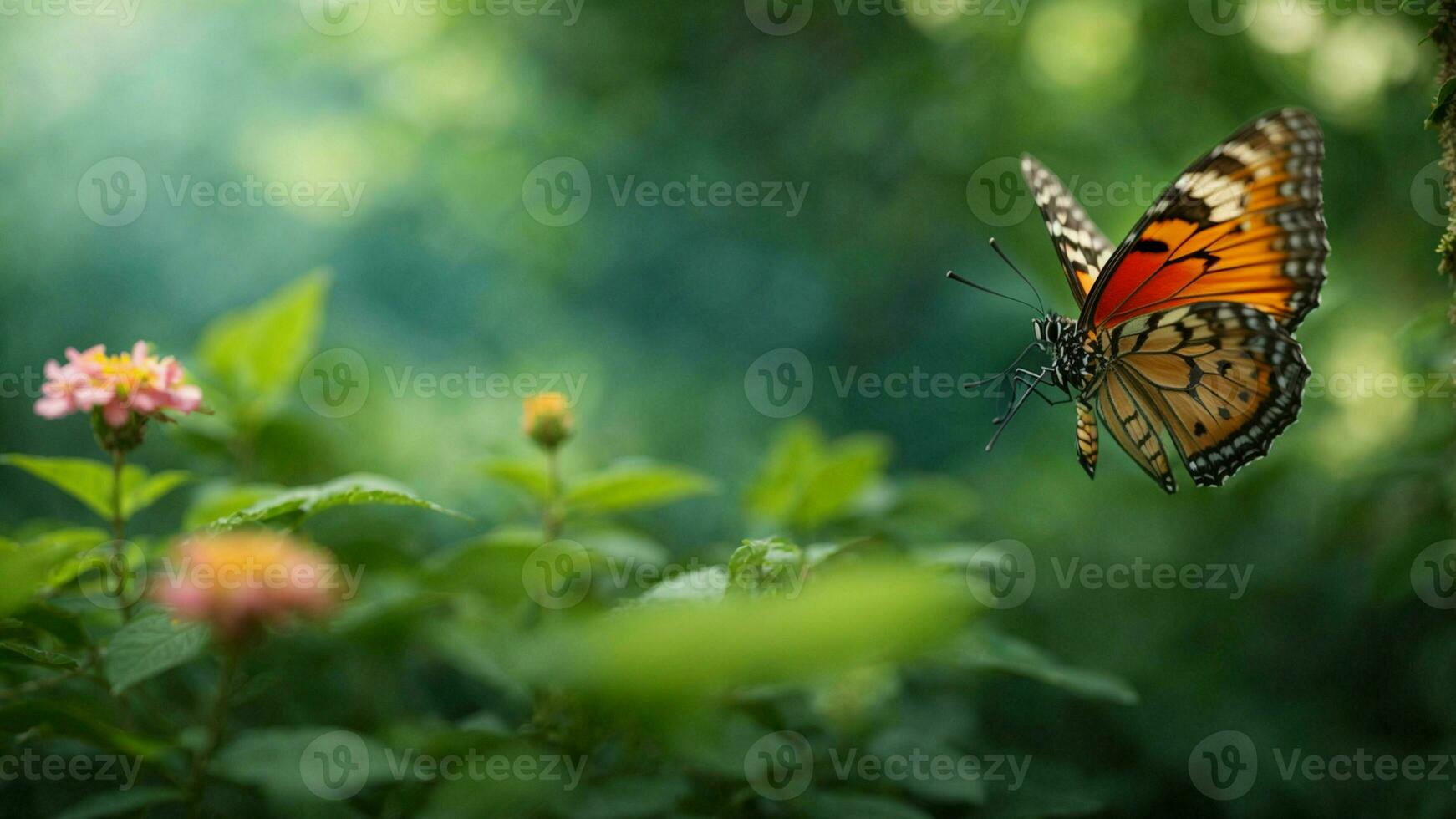 natuur achtergrond met een mooi vliegend vlinder met groen Woud ai generatief foto