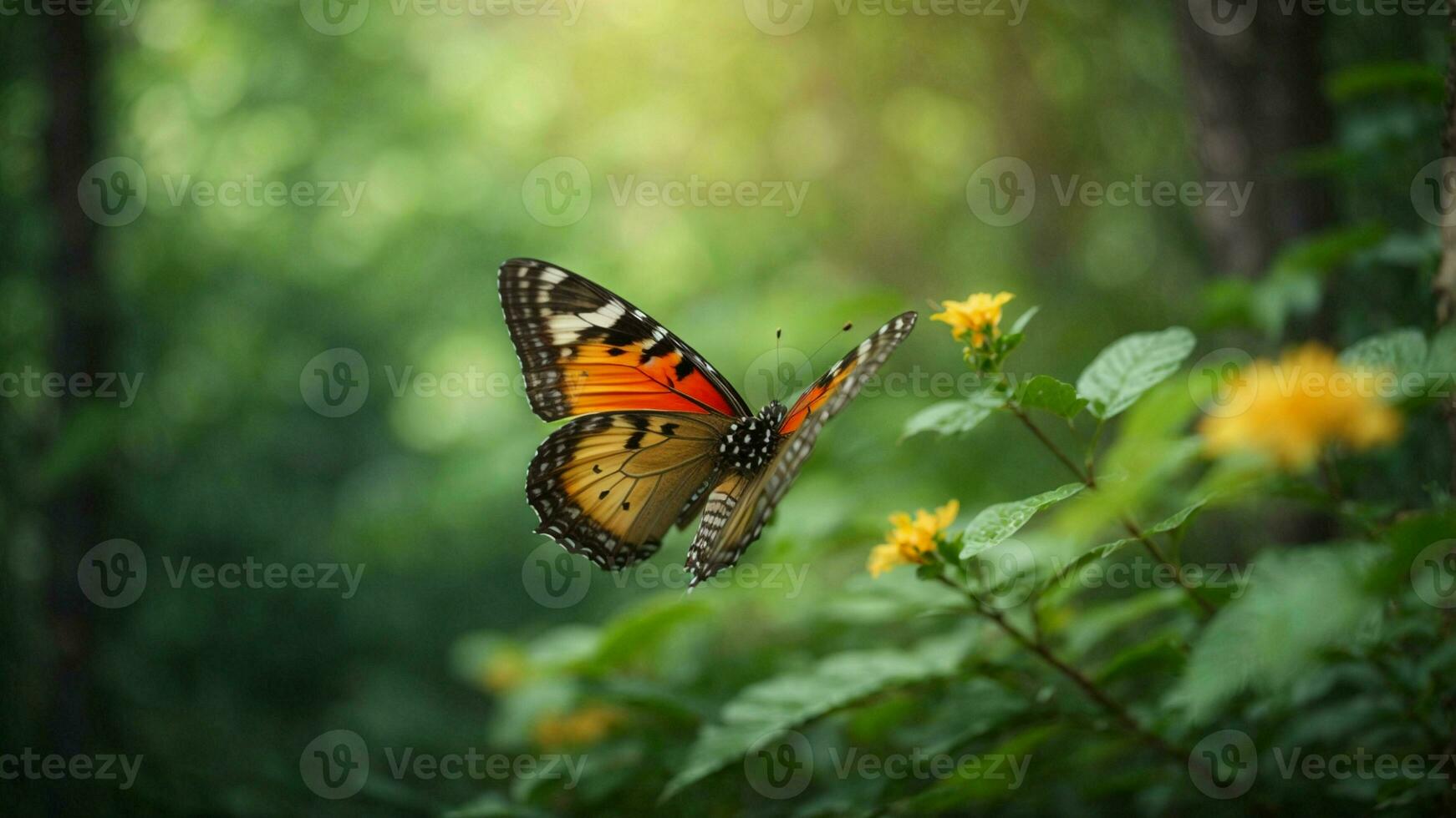 natuur achtergrond met een mooi vliegend vlinder met groen Woud ai generatief foto