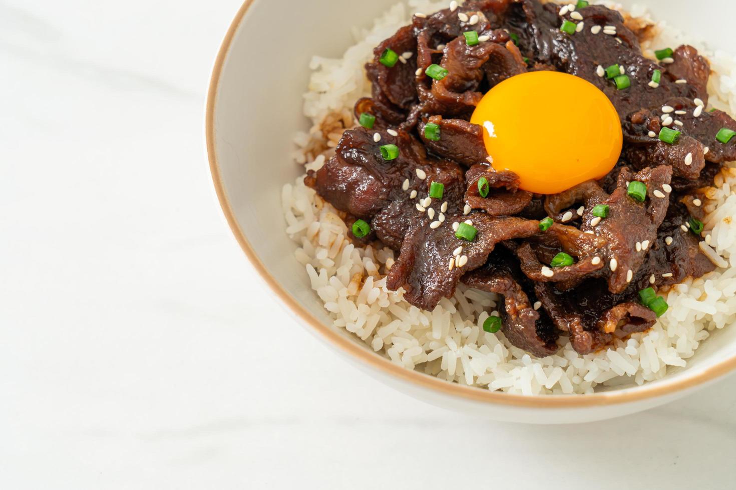 rijst met varkensvlees met sojasmaak of donburi . van Japans varkensvlees foto