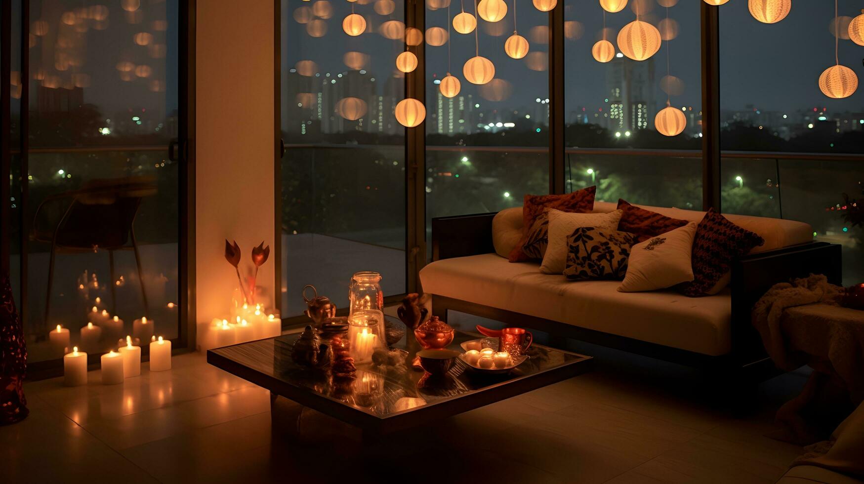 romantisch kaarslicht leven kamer, een knus mengsel van stad keer bekeken foto