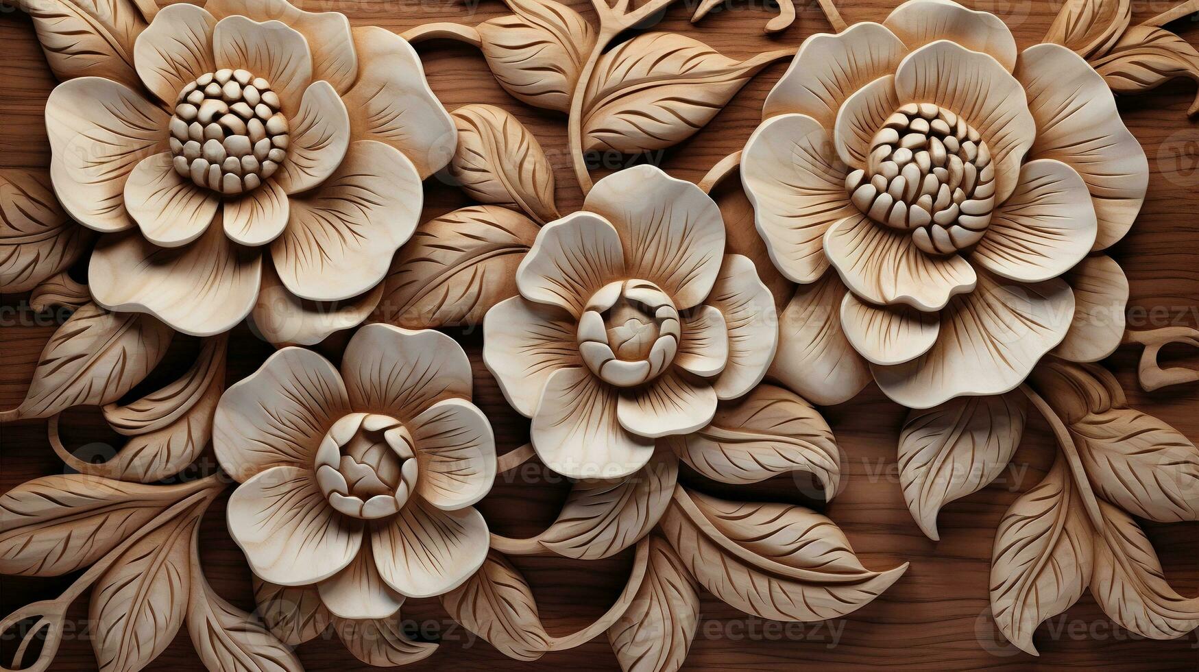 generatief ai, snijwerk natuurlijk houten bloemen, 3d patroon, bruin en beige achtergrond foto