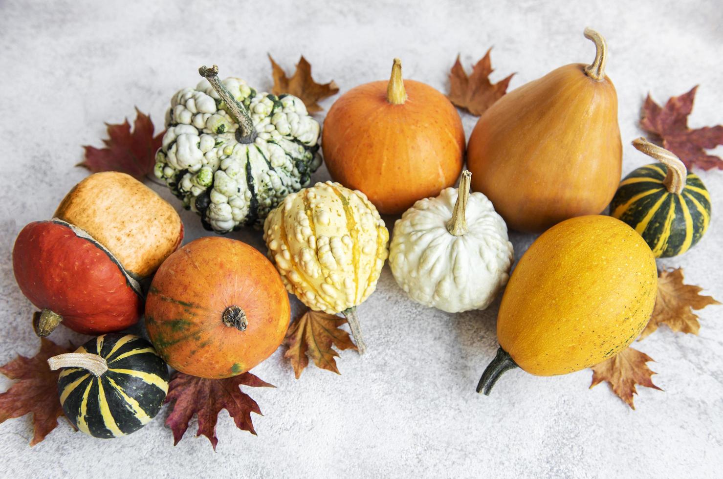 herfstcompositie, gezellig herfstseizoen, pompoenen en bladeren foto