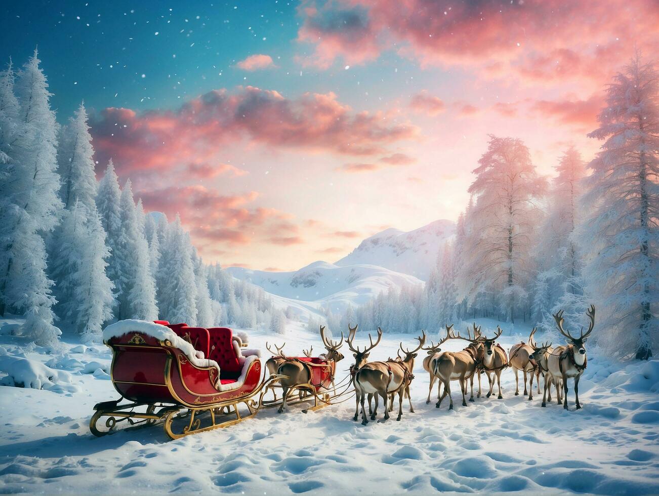 een winter wonderland met een besneeuwd Kerstmis landschap met santa's slee en rendier foto
