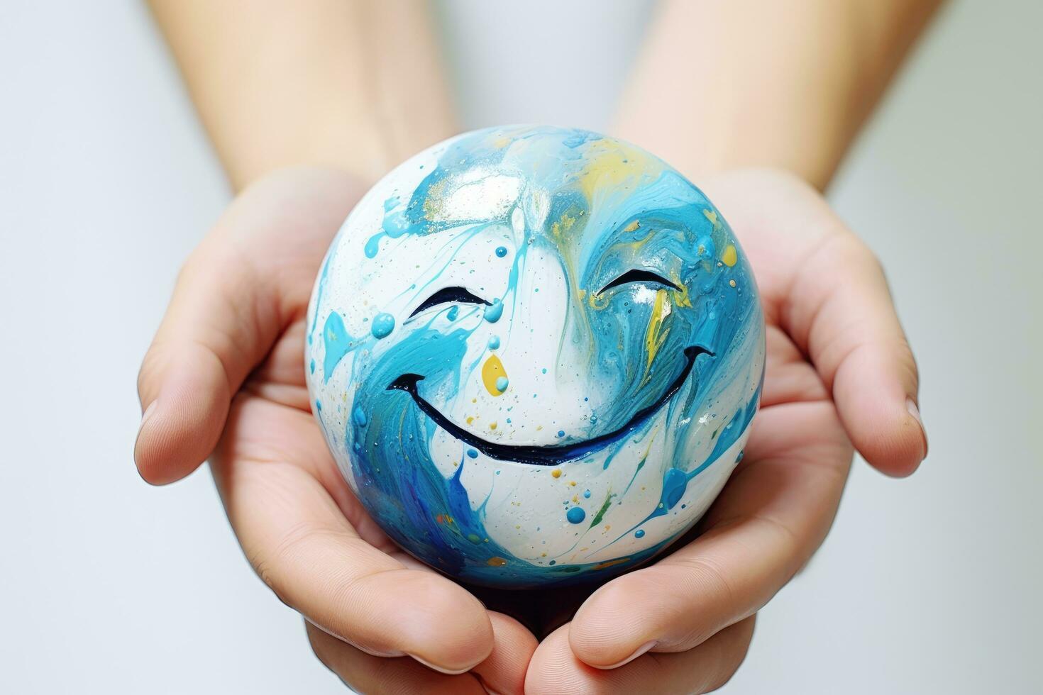 hand- Holding een lachend, blij emoji, blauw item. klant geluk, wereld mentaal Gezondheid dag, optimistisch denken en mentaal Gezondheid beoordeling ai generatief foto