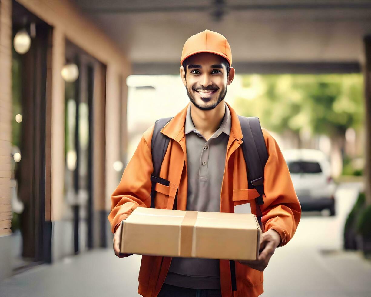 huis levering onderhoud Mens in oranje uniform Bezig met verzenden pakket post doos van koerier Bij huis. ai generatief foto