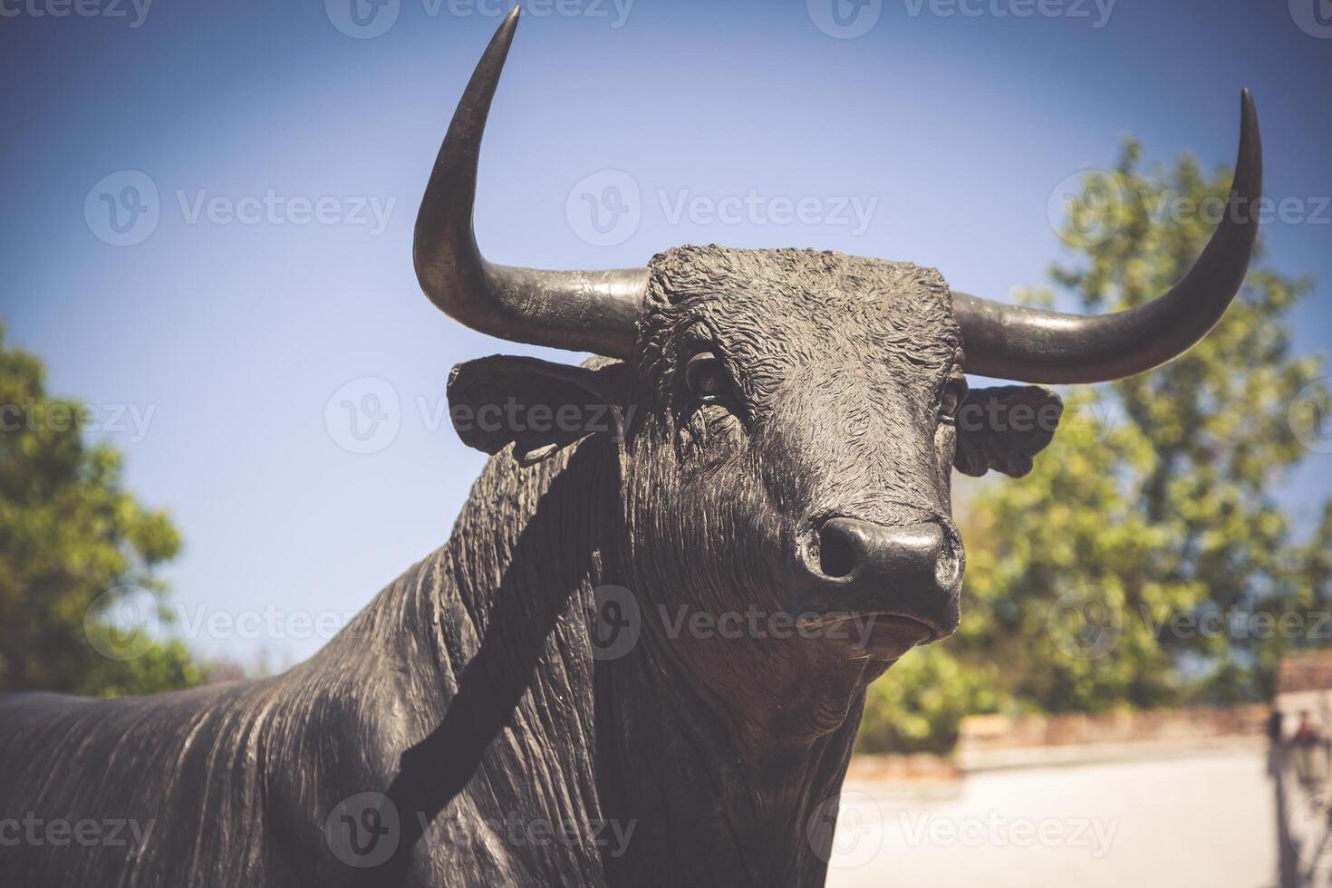 stier standbeeld in voorkant van de stierengevechten arena in ronda, Spanje foto