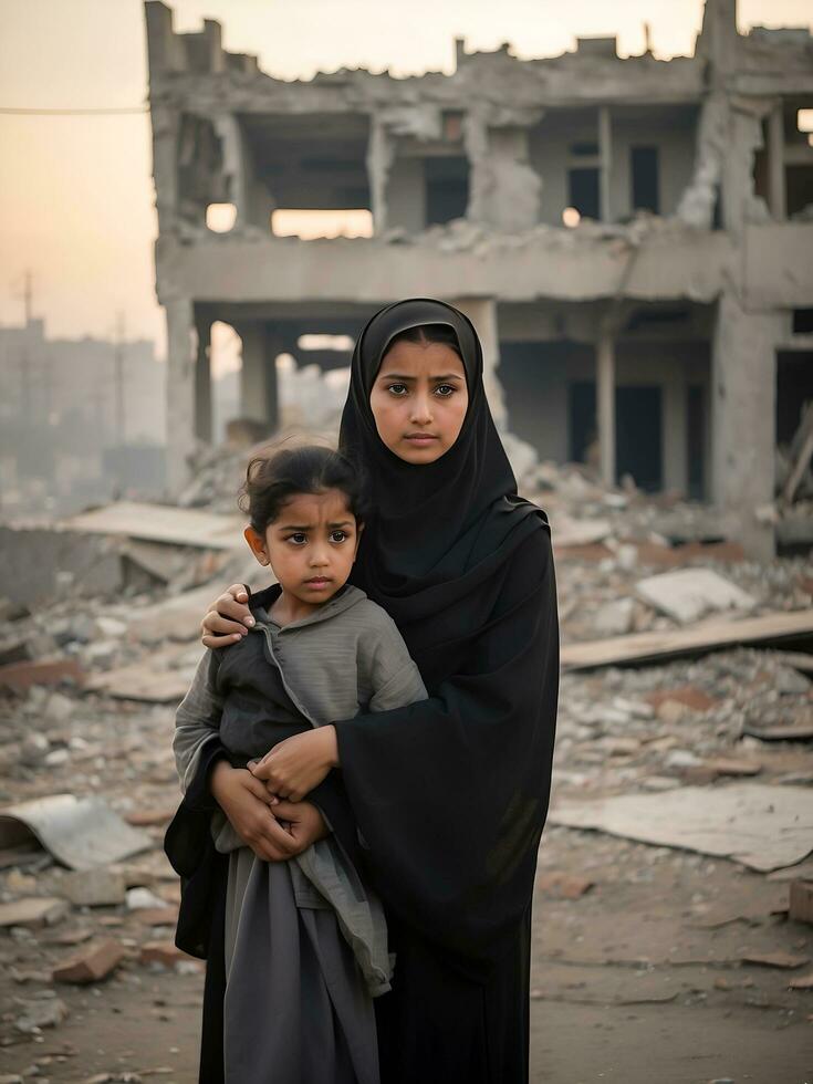 Dames en kinderen worden slachtoffers van oorlog tegen de backdrop van een vernietigd stad, ai gegenereerd. foto