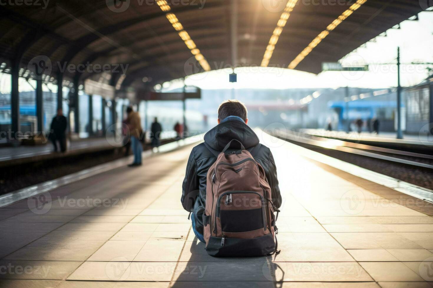 wanhopig individu Bij een verlaten doorvoer station achtergrond met leeg ruimte voor tekst foto