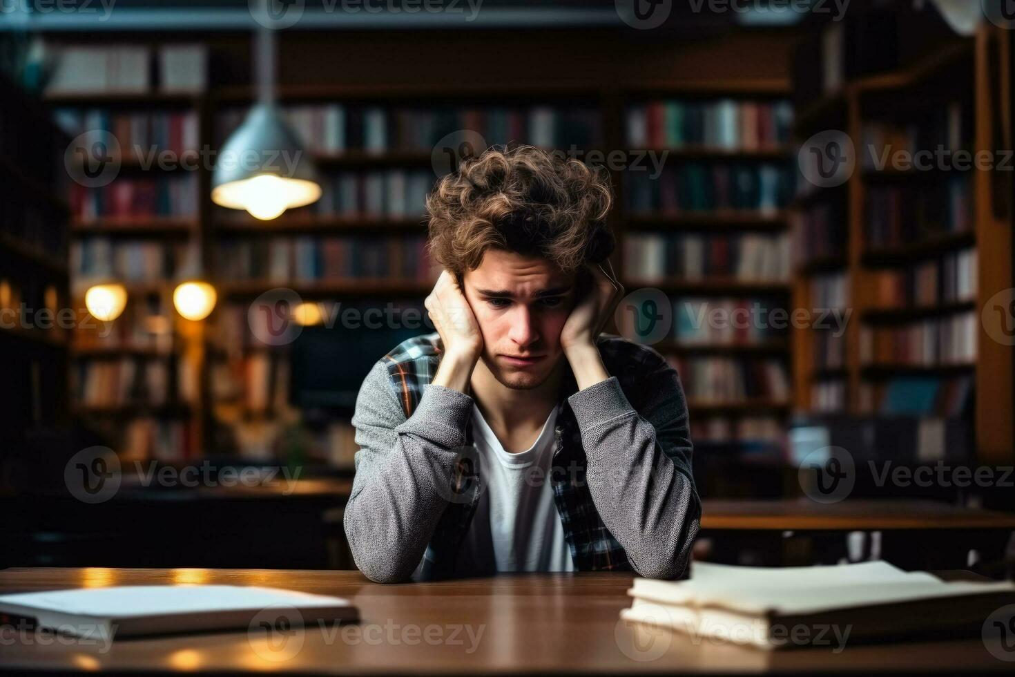 Universiteit leerling alleen in bibliotheek tonen tekens van spanning achtergrond met leeg ruimte voor tekst foto