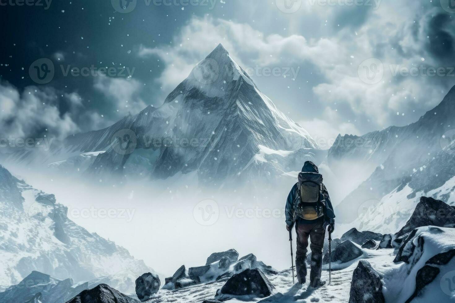 bergbeklimmer Aan ijzig top temidden van zwaar sneeuwval achtergrond met leeg ruimte voor tekst foto
