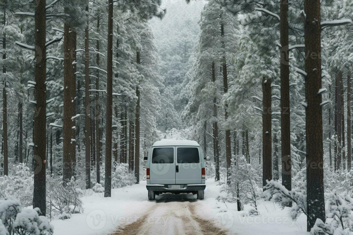 busje geparkeerd temidden van sneeuw gedrapeerd dennen vertellen verhalen van koud wildernis ontmoetingen foto