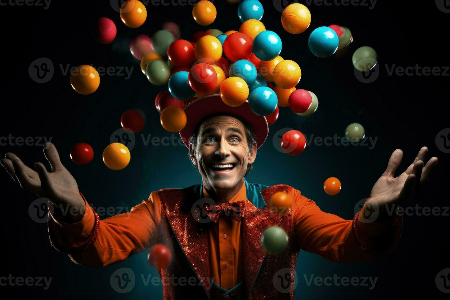 levendig nar jongleren gloeiend ballen midden lucht geïsoleerd Aan een wit achtergrond foto