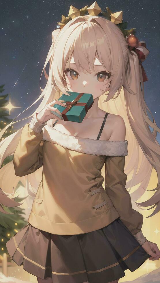 schattig anime meisje Holding Cadeau geschenk voor feestelijk moment Kerstmis tijd foto