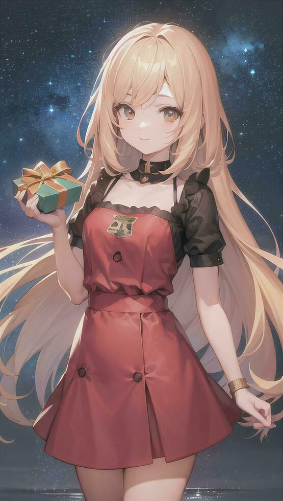 schattig anime meisje Holding Cadeau geschenk voor feestelijk moment Kerstmis tijd foto