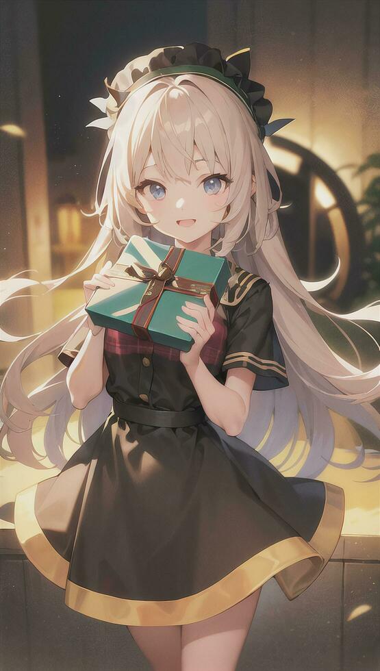 schattig anime meisje Holding Cadeau geschenk voor feestelijk moment Kerstmis tijd foto