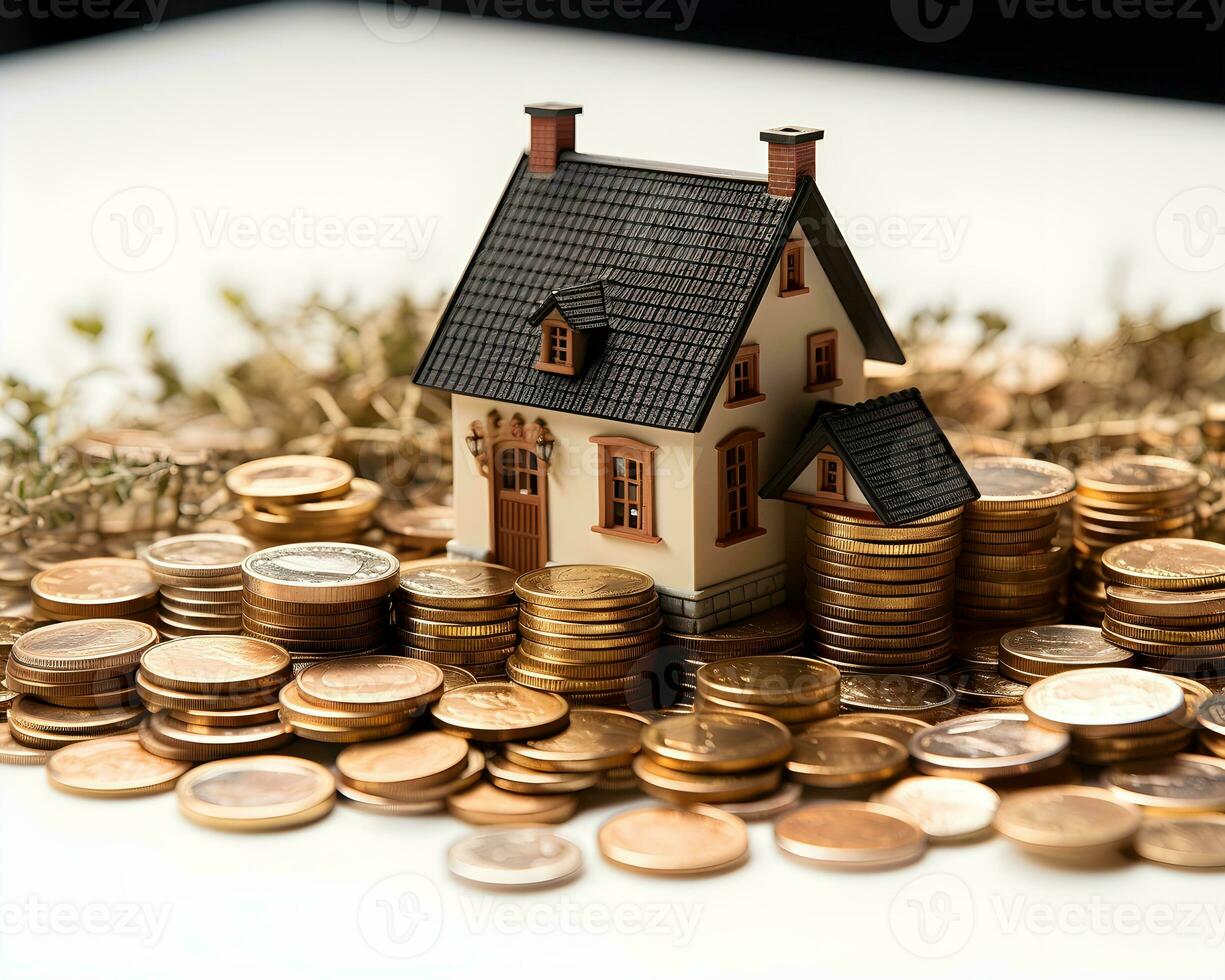 huis model- en munten Aan wit achtergrond. echt landgoed en investering concept. foto