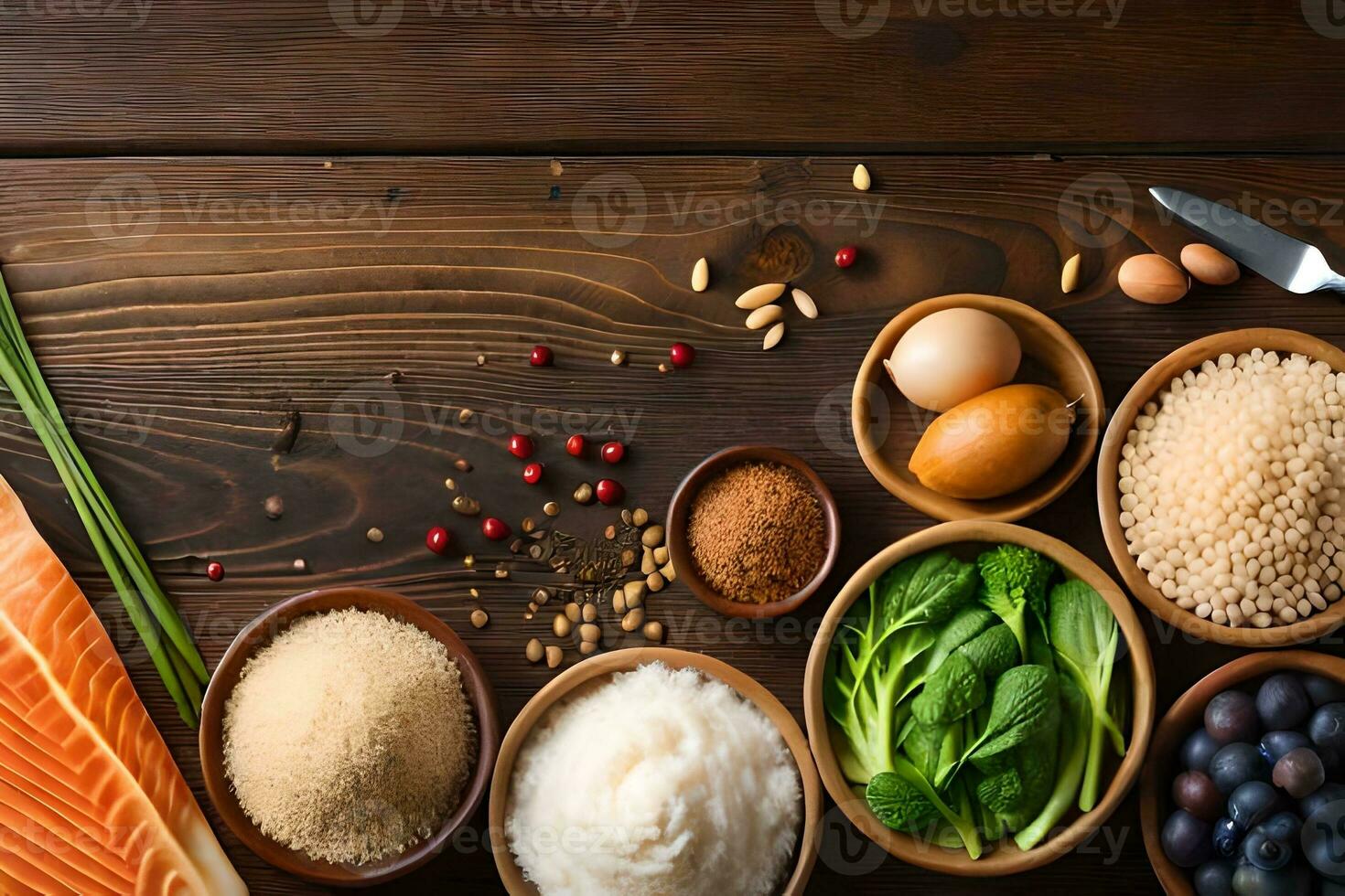 divers types van voedsel inclusief rijst, Zalm, en groenten. ai-gegenereerd foto