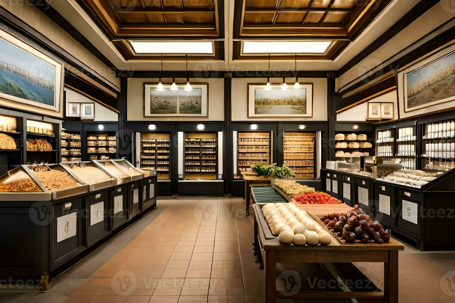 een bakkerij met schappen vol van brood en andere voedingsmiddelen. ai-gegenereerd foto