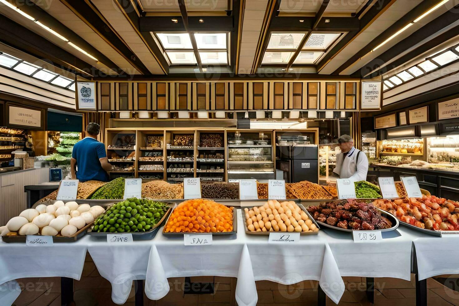 een groot Scherm van voedsel in een markt. ai-gegenereerd foto