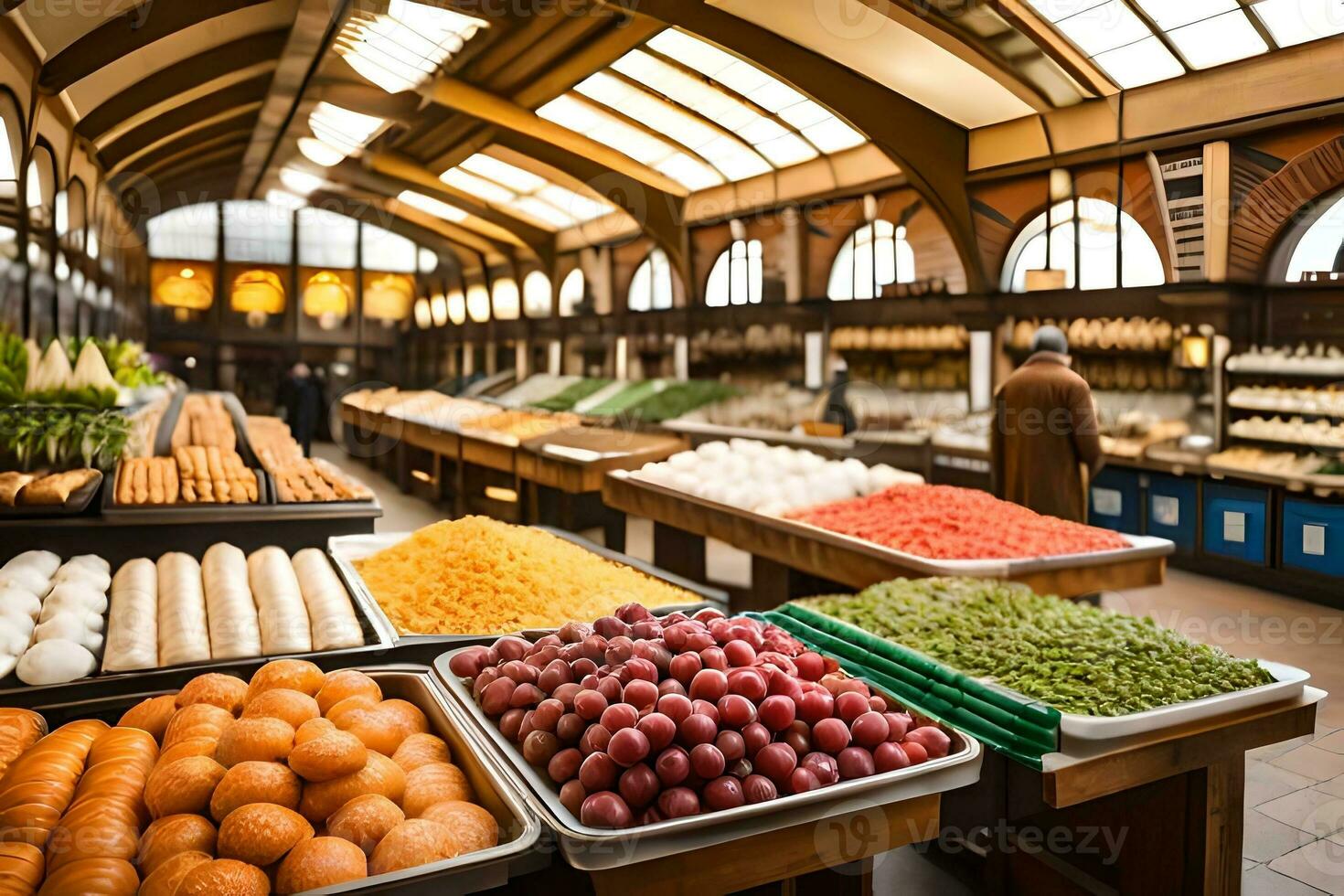 een groot markt met veel van vers produceren. ai-gegenereerd foto