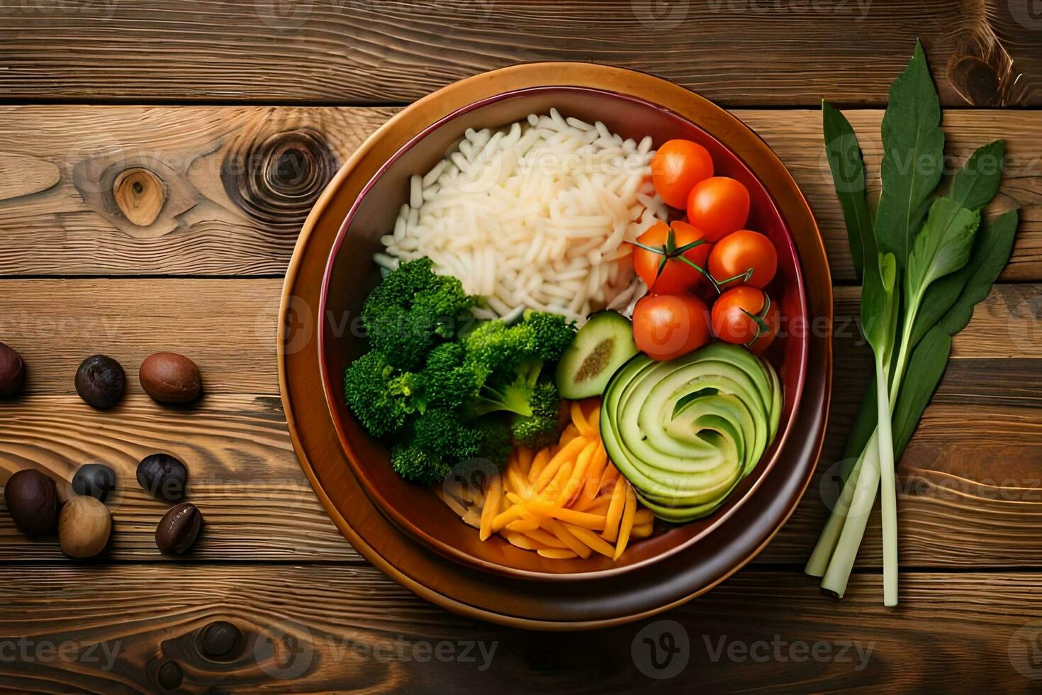 een kom van rijst, broccoli, tomaten, en andere groenten. ai-gegenereerd foto