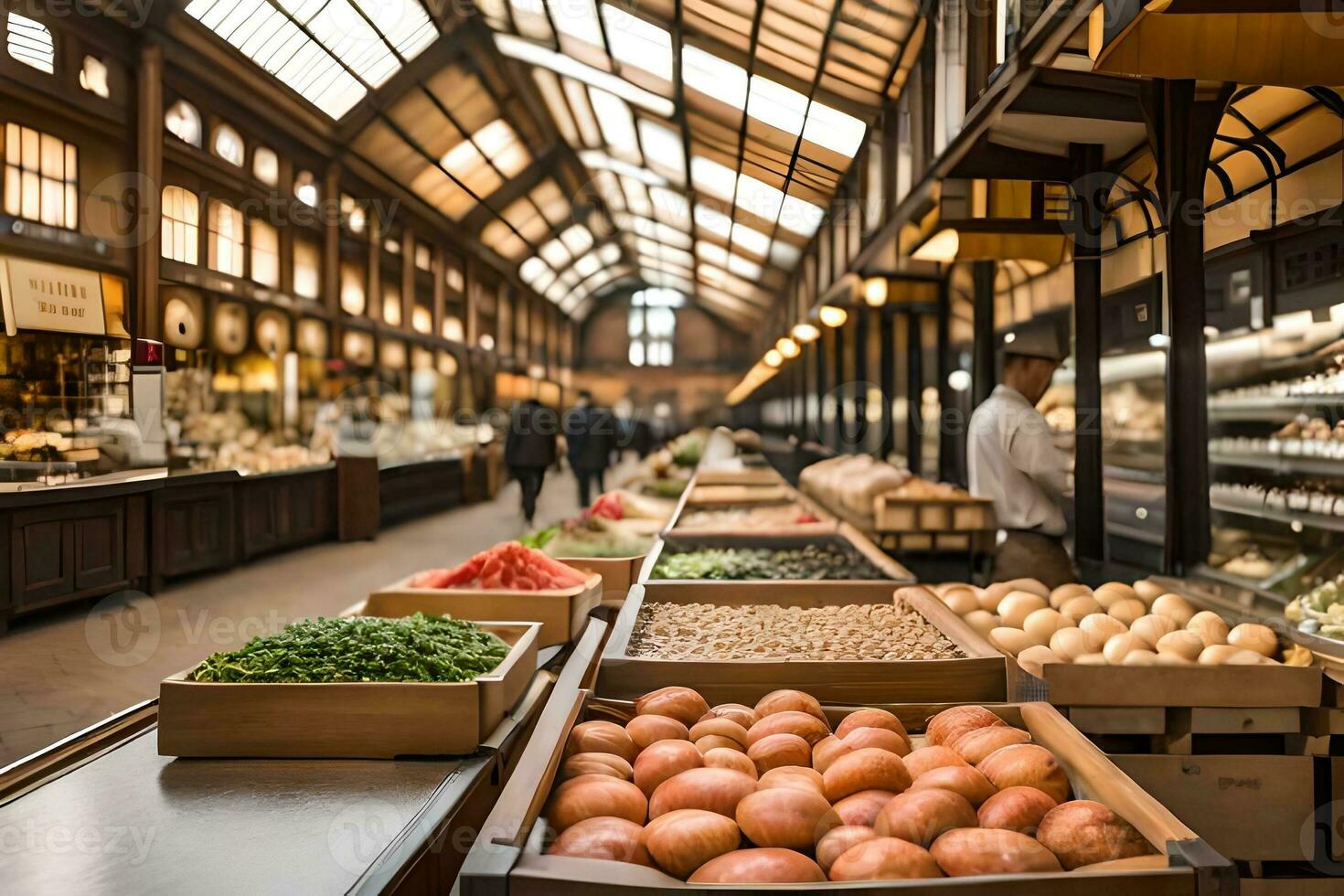 een groot markt met veel van vers produceren. ai-gegenereerd foto