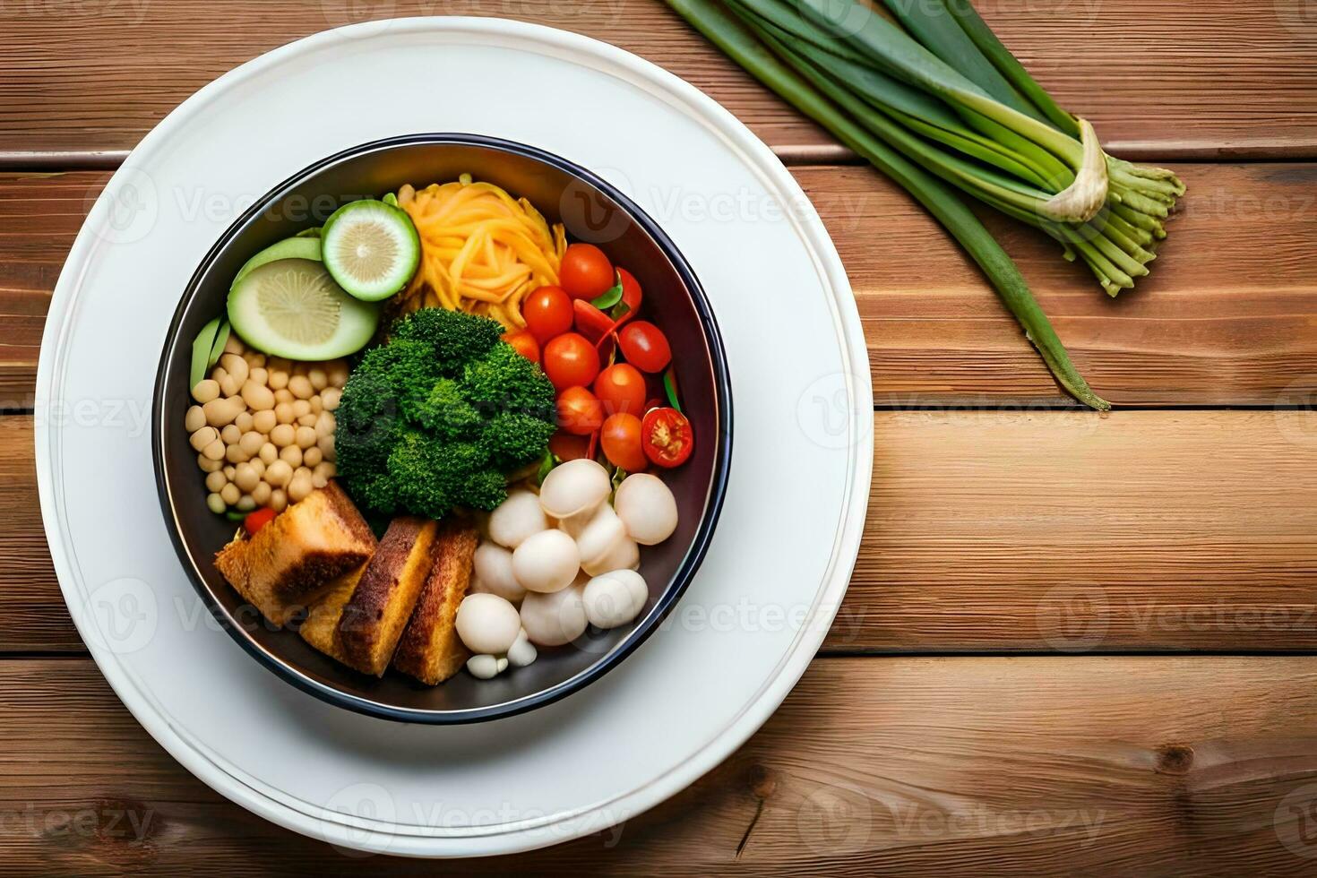 een kom van voedsel met groenten, broccoli en andere ingrediënten. ai-gegenereerd foto