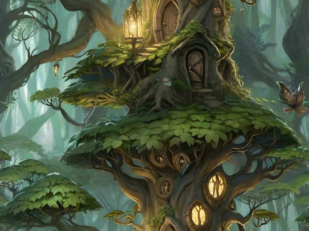 een mystiek Woud waar elk boom bezit uniek magisch eigendommen foto