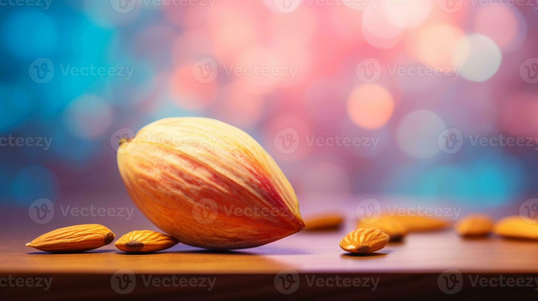 foto van amandel fruit voor de helft tegen een kleurrijk abstract achtergrond. generatief ai