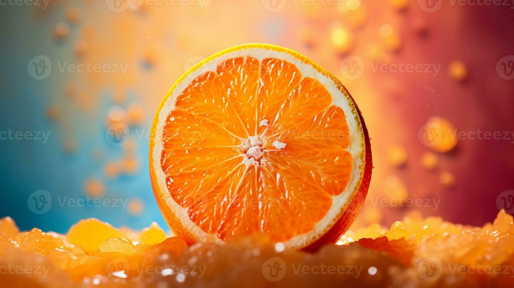 foto van clementine fruit voor de helft tegen een kleurrijk abstract achtergrond. generatief ai