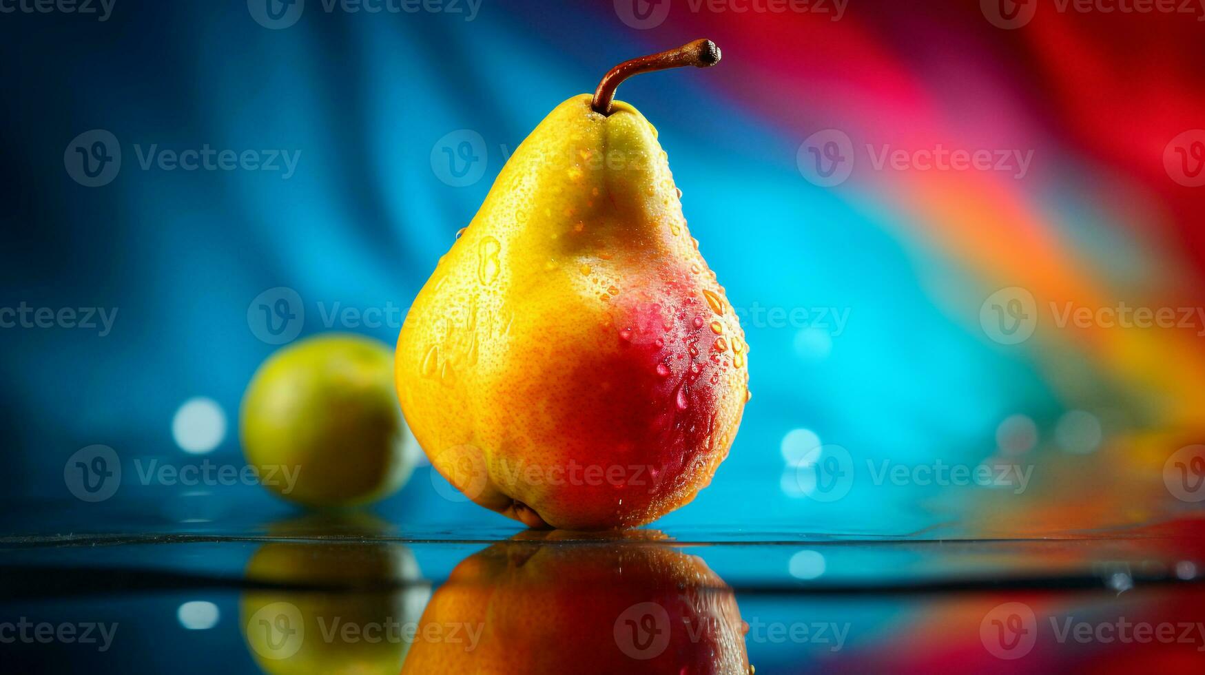 foto van Peer fruit voor de helft tegen een kleurrijk abstract achtergrond. generatief ai