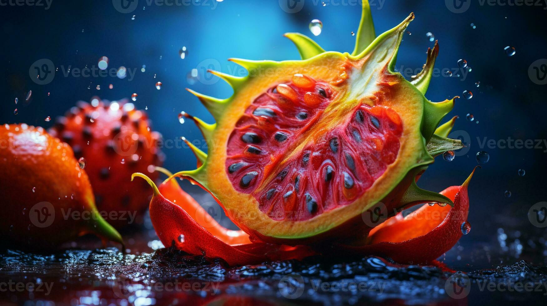 foto van kiwano fruit voor de helft tegen een kleurrijk abstract achtergrond. generatief ai