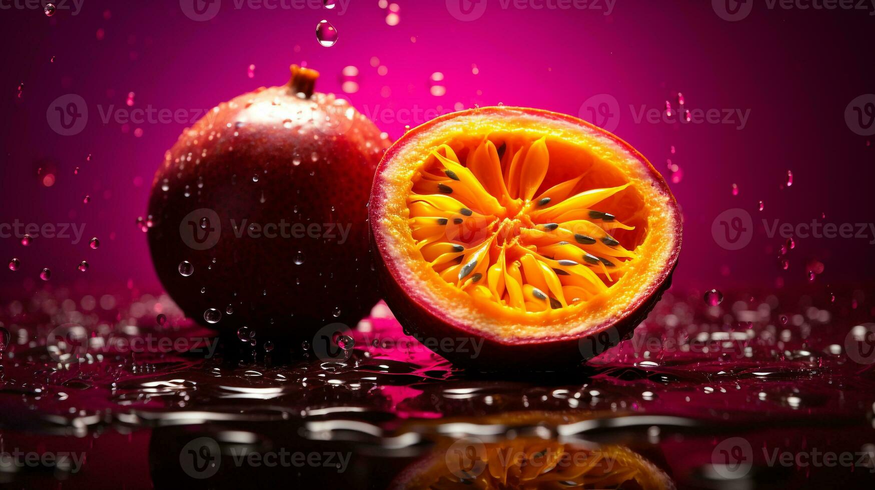 foto van maracuja fruit voor de helft tegen een kleurrijk abstract achtergrond. generatief ai