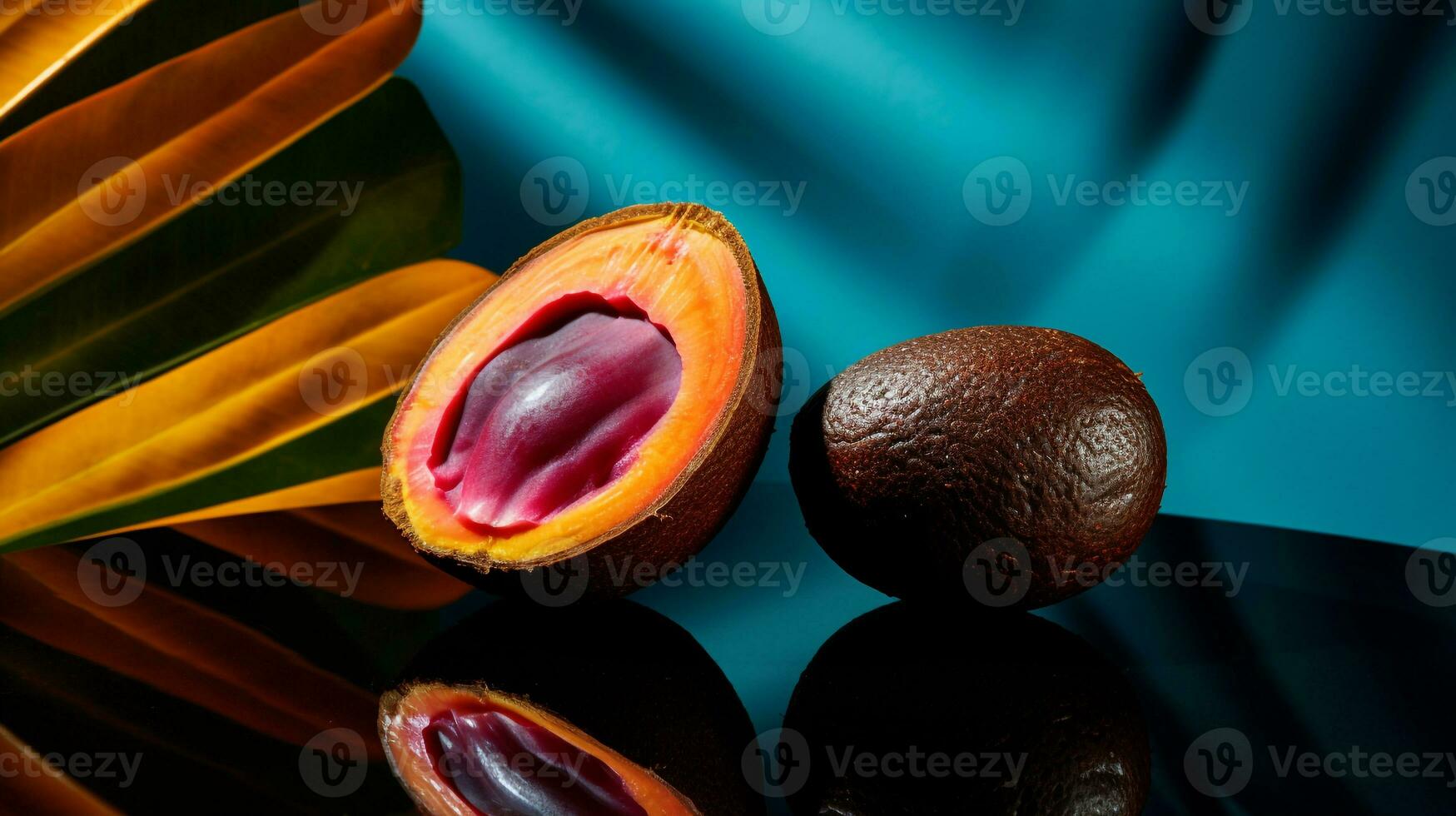 foto van koffie fruit voor de helft tegen een kleurrijk abstract achtergrond. generatief ai