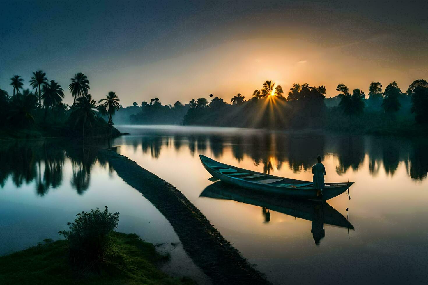 een boot Aan de rivier- Bij zonsopkomst. ai-gegenereerd foto