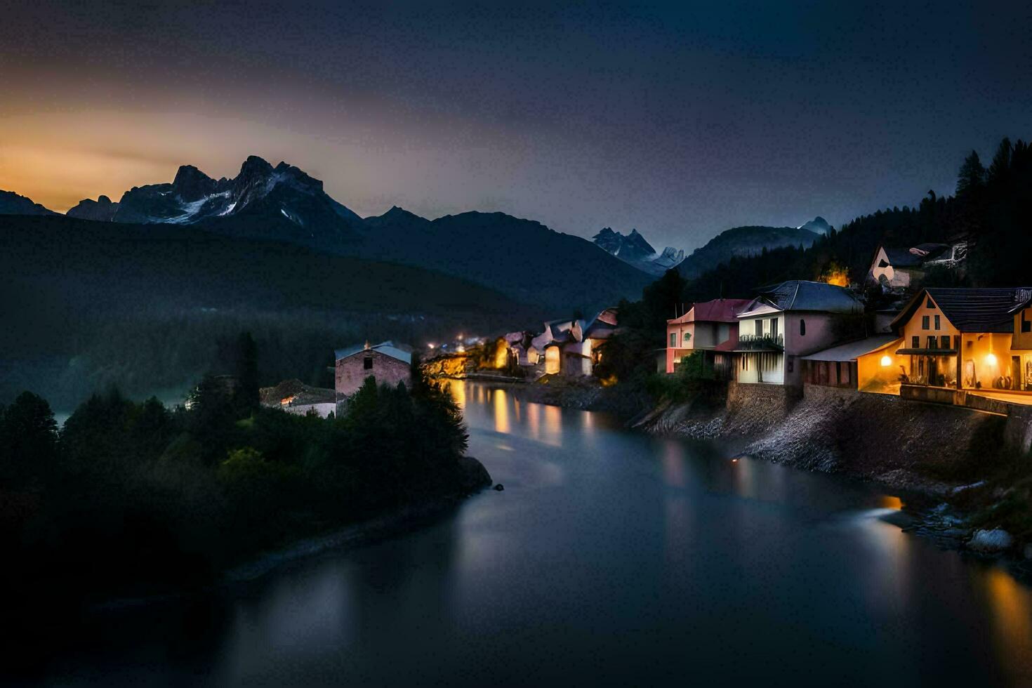 foto behang de lucht, bergen, rivier, huizen, de nacht, de bergen, de rivier. ai-gegenereerd