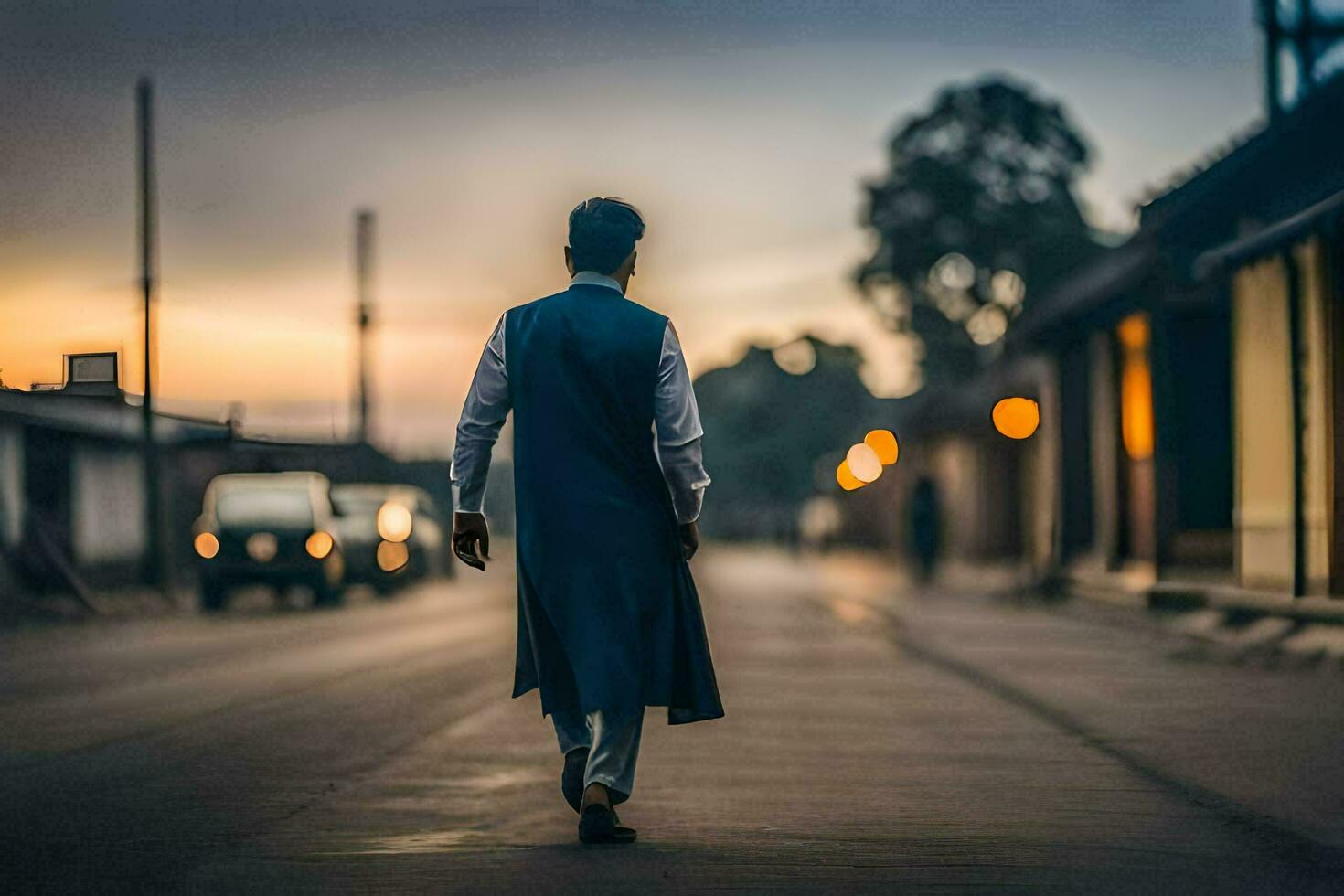 een Mens in een blauw pak wandelingen naar beneden een straat Bij zonsondergang. ai-gegenereerd foto