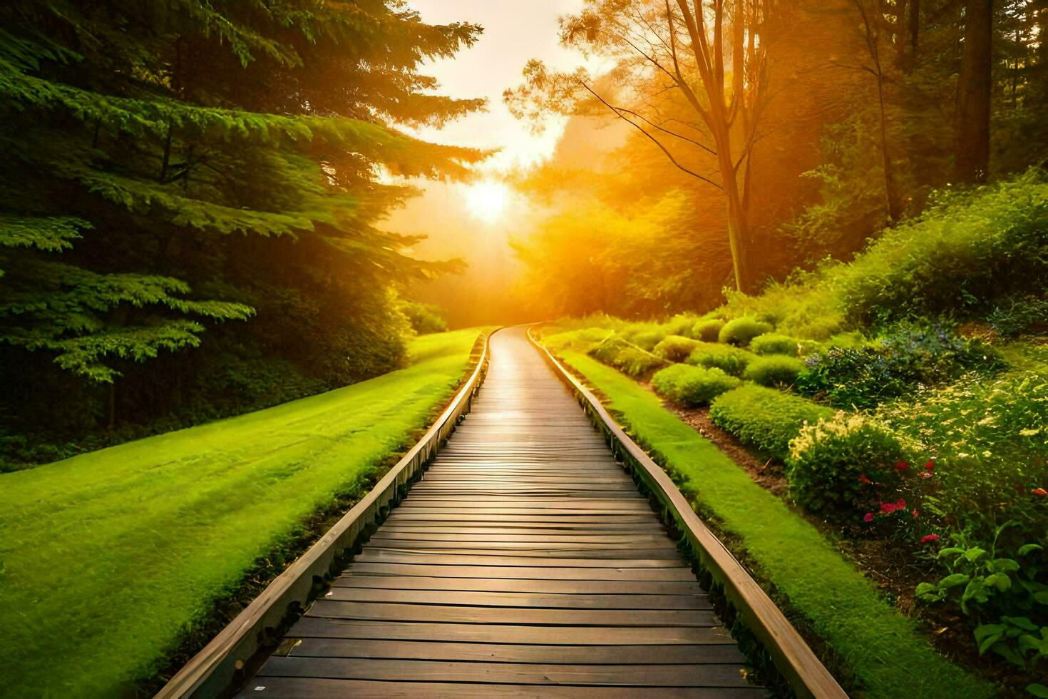 een houten pad Leidt naar een groen veld- met bomen en bloemen. ai-gegenereerd foto