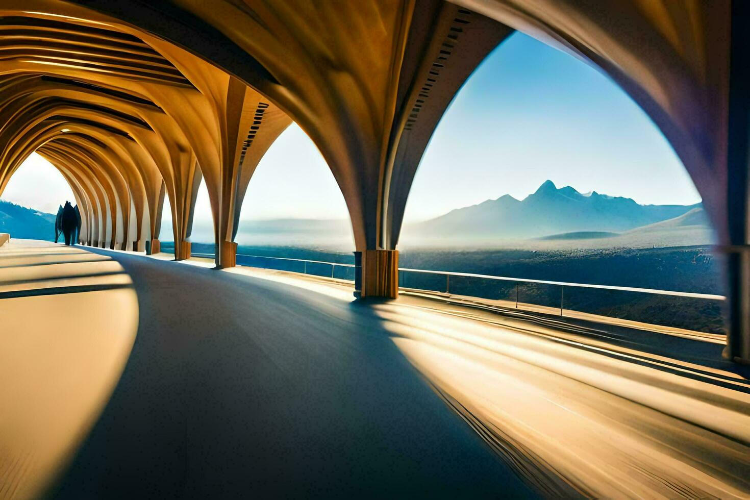 een lang blootstelling foto van een brug met bergen in de achtergrond. ai-gegenereerd