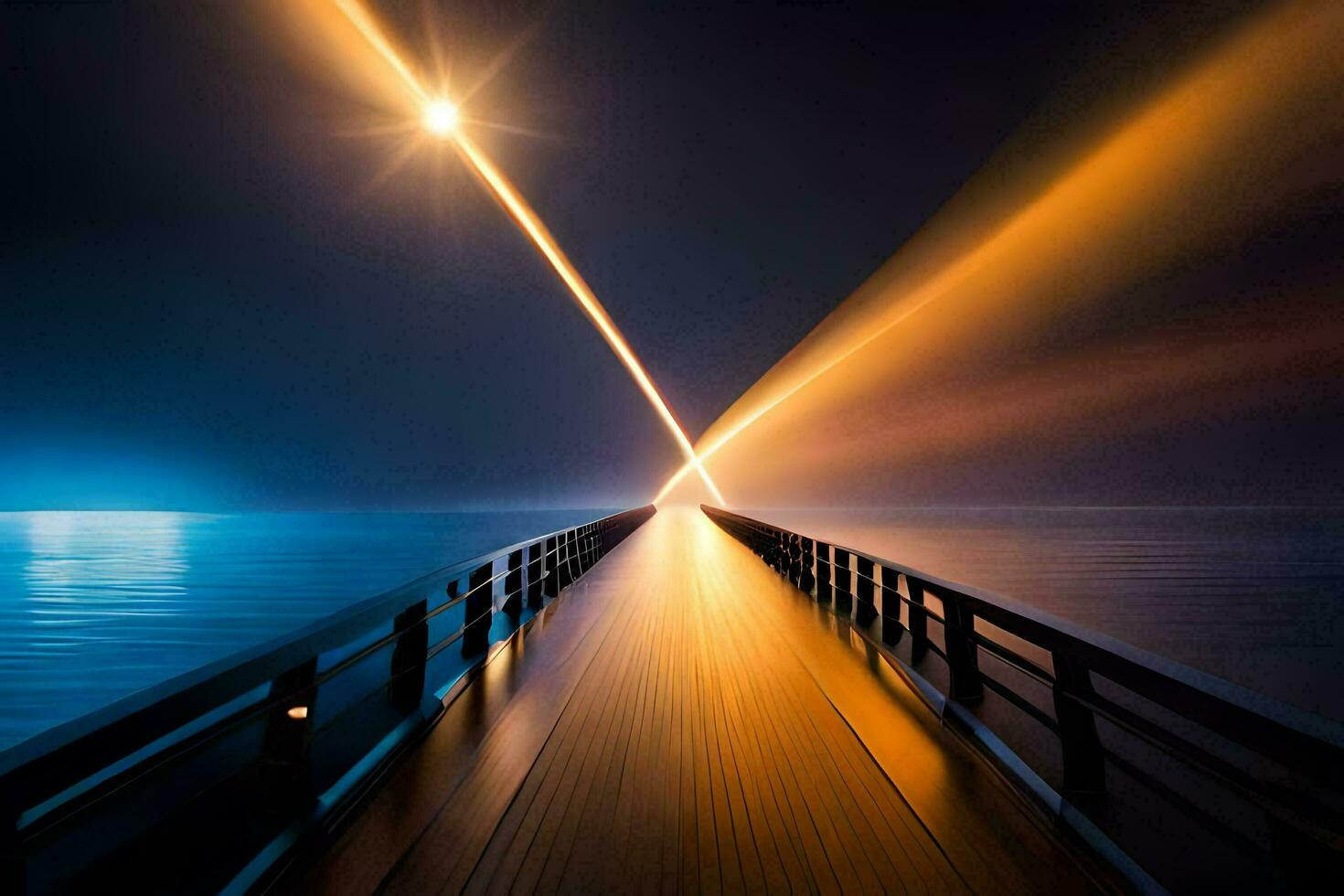 een lang brug met een licht straal komt eraan van het. ai-gegenereerd foto