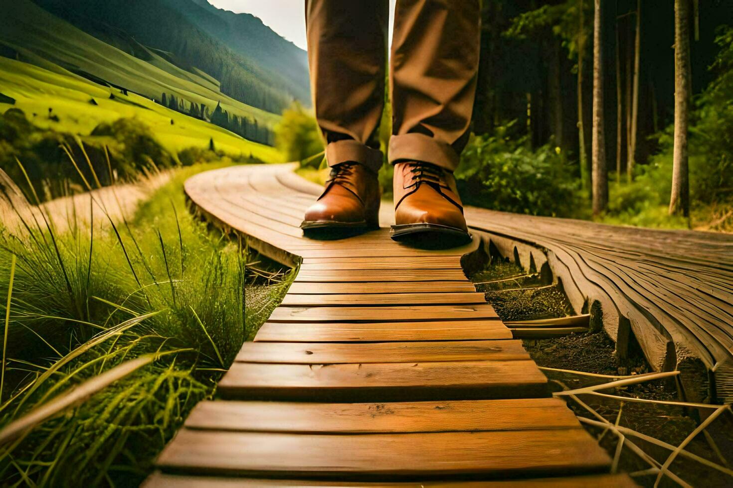 een persoon wandelen Aan een houten pad in de midden- van een Woud. ai-gegenereerd foto