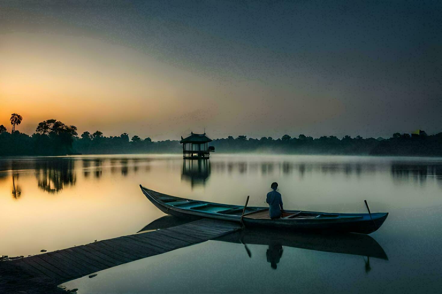 een Mens in een boot Aan de water Bij zonsopkomst. ai-gegenereerd foto