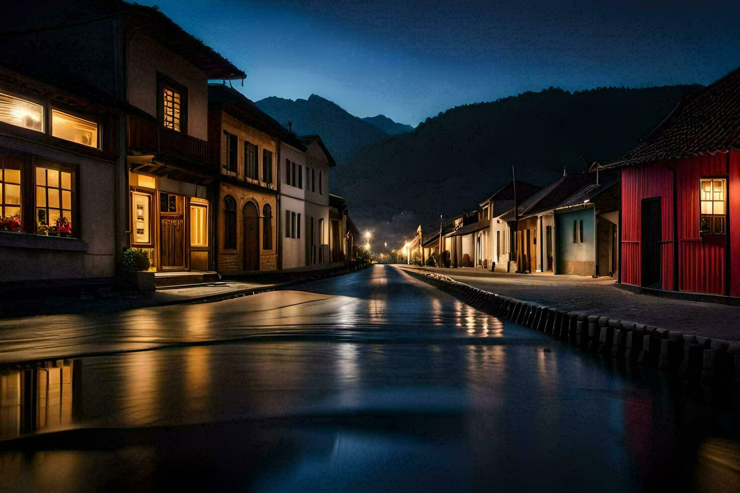 een straat Bij nacht met een rivier- rennen door het. ai-gegenereerd foto