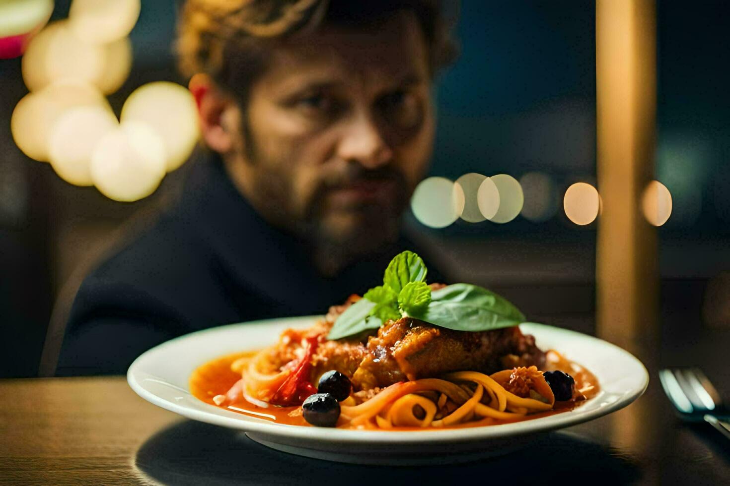 een Mens zittend Bij een tafel met een bord van spaghetti. ai-gegenereerd foto