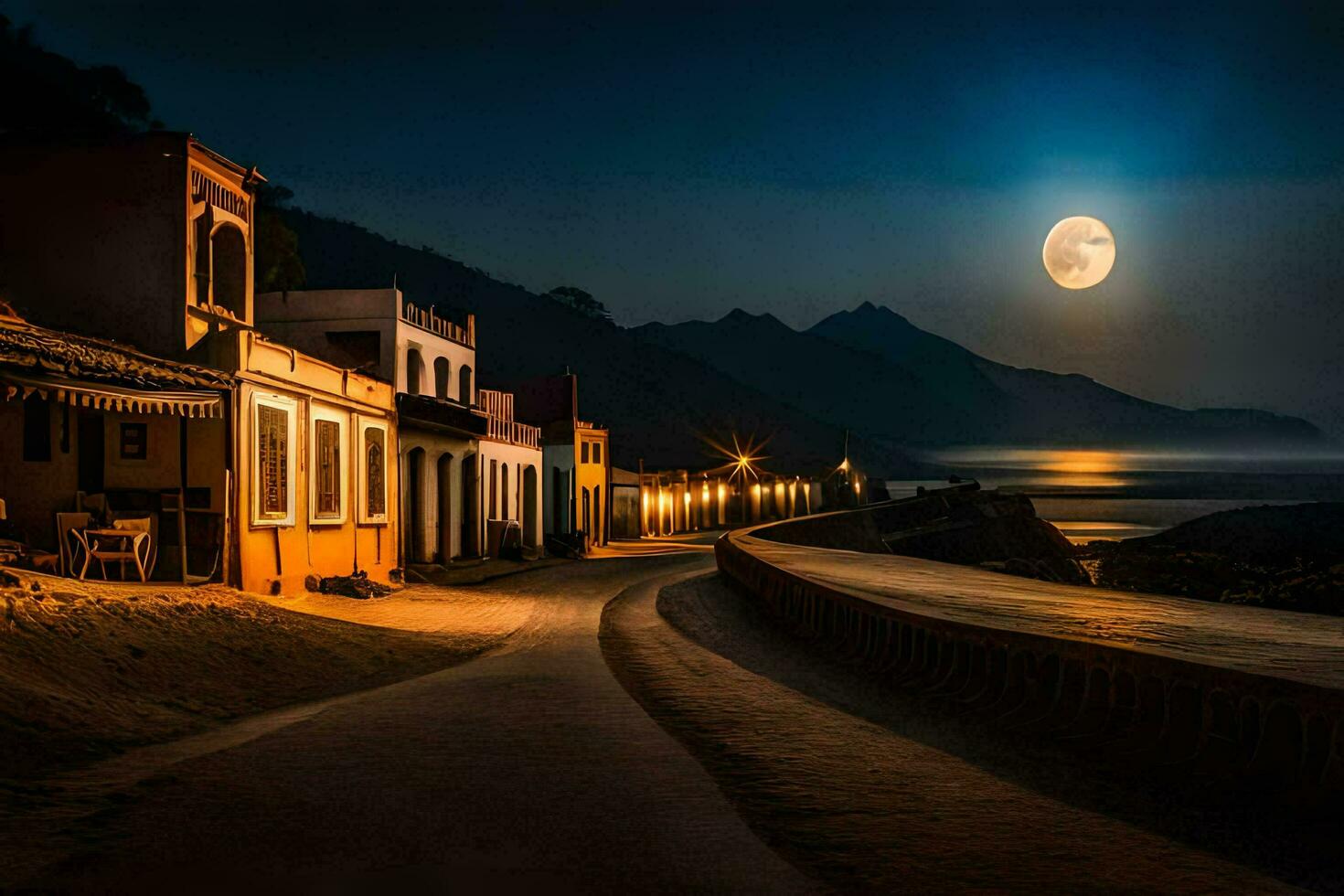 een straat met huizen en een maan in de lucht. ai-gegenereerd foto