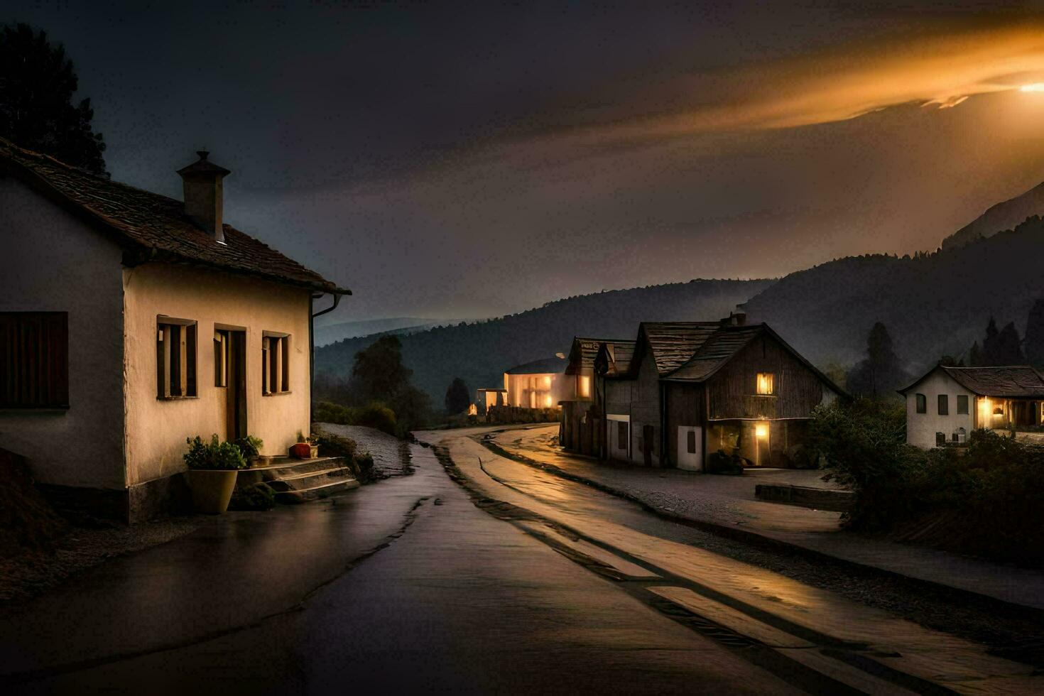 foto behang de lucht, regenen, de maan, de zon, de bergen, de dorp,. ai-gegenereerd