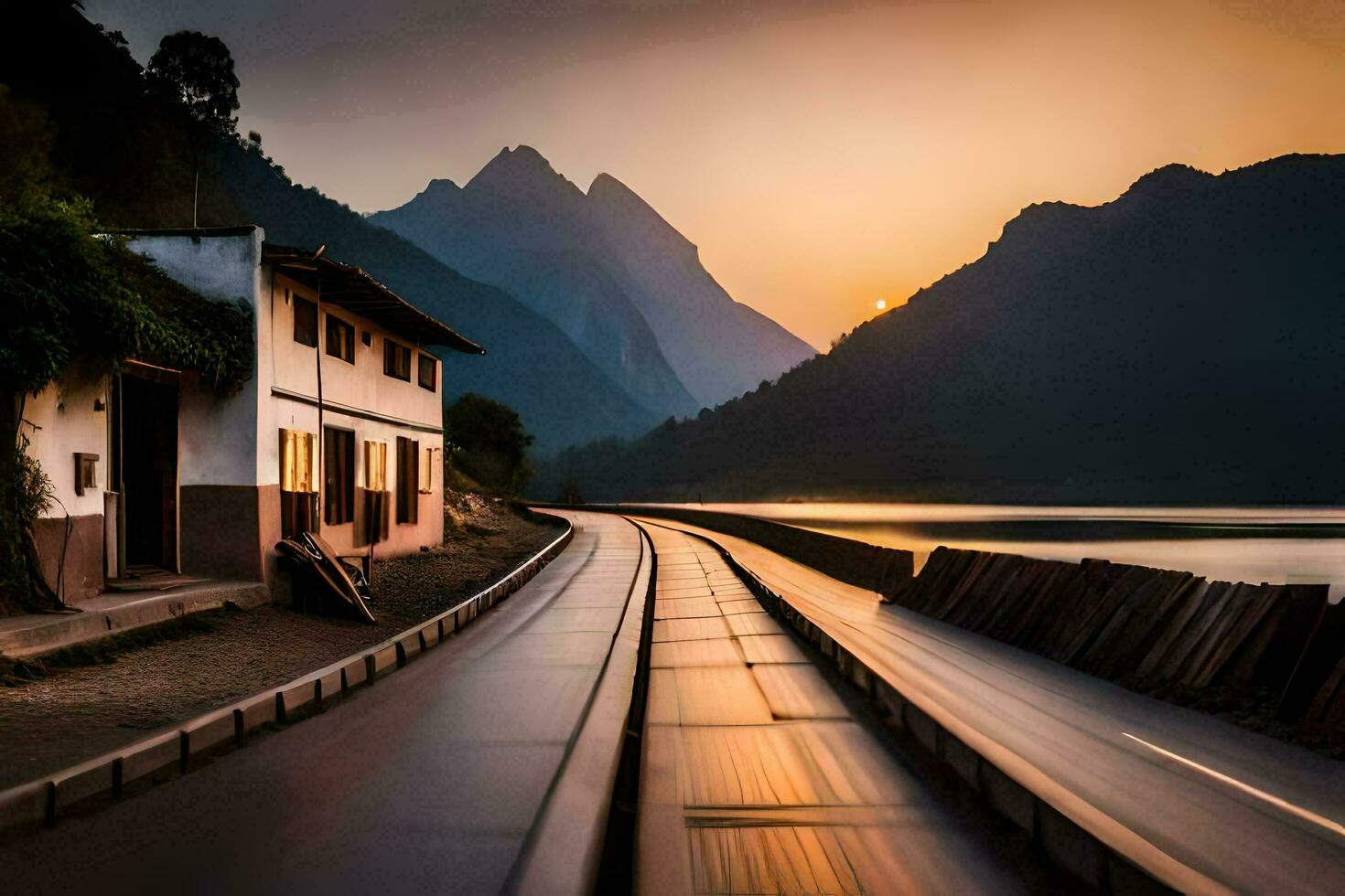 een trein loopt langs de weg in voorkant van een berg. ai-gegenereerd foto