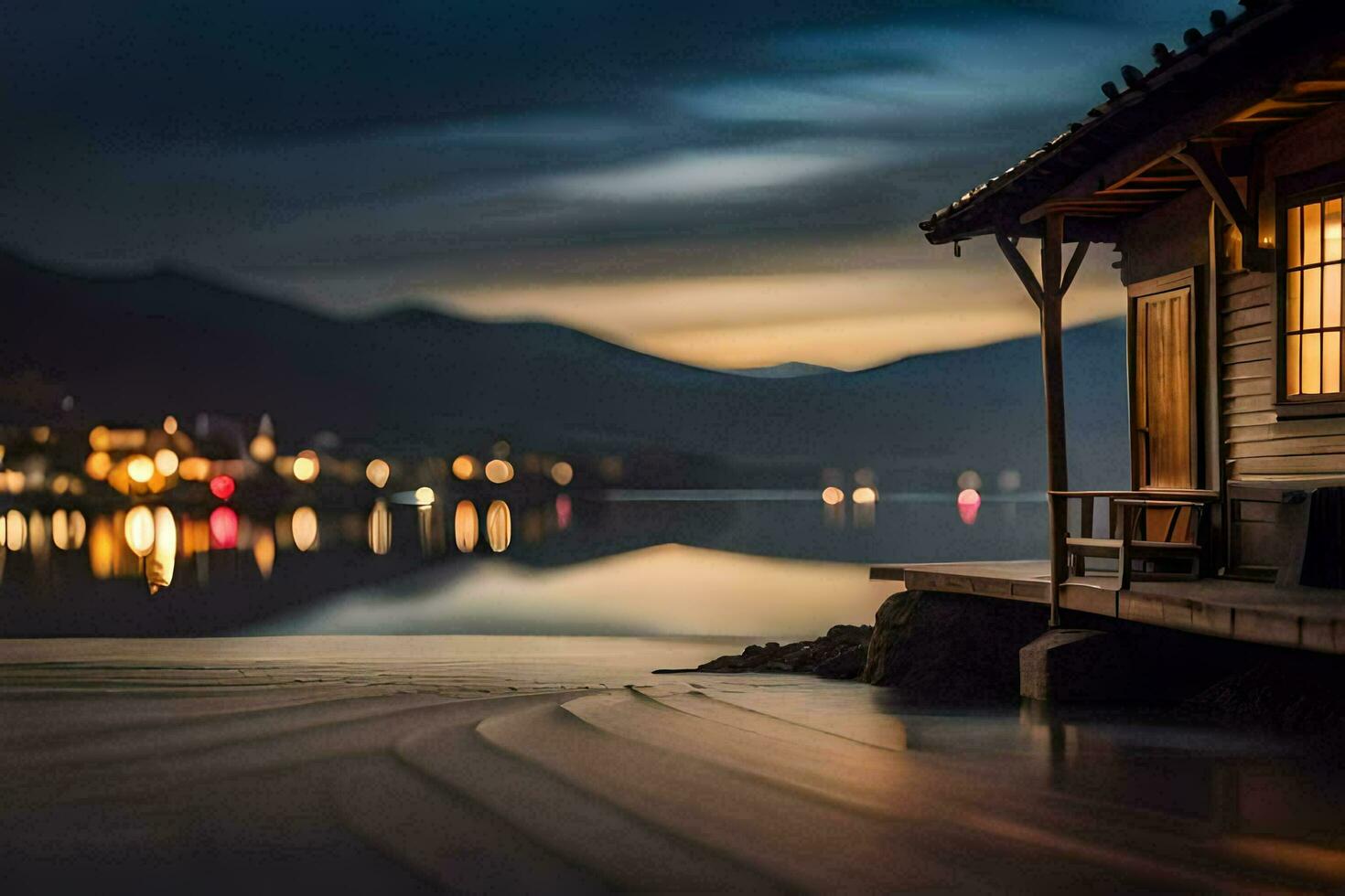 een huis zit Aan de kust van een meer Bij nacht. ai-gegenereerd foto